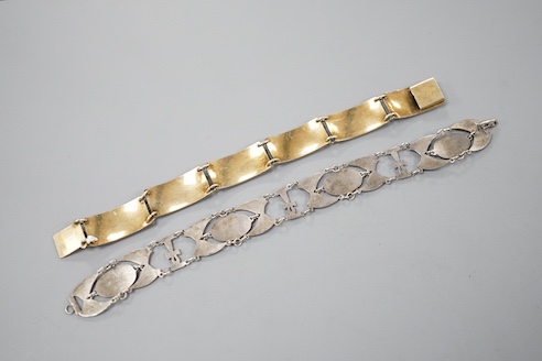 A Norwegian sterling and enamel floral bracelet, 16cm and one other 800 white metal and enamel bracelet, 19cm.
